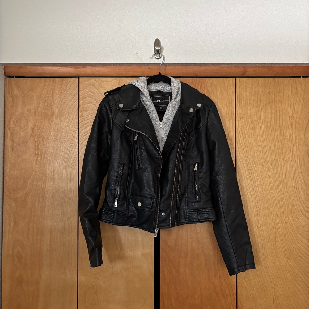 Faux leather Motorcycle jacket with hood
